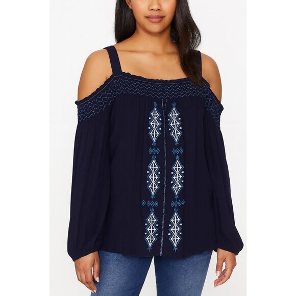 Cupio Women’s Size S Navy Blue Embroidered Long Sleeve Boho Peasant Top - Picture 7 of 7